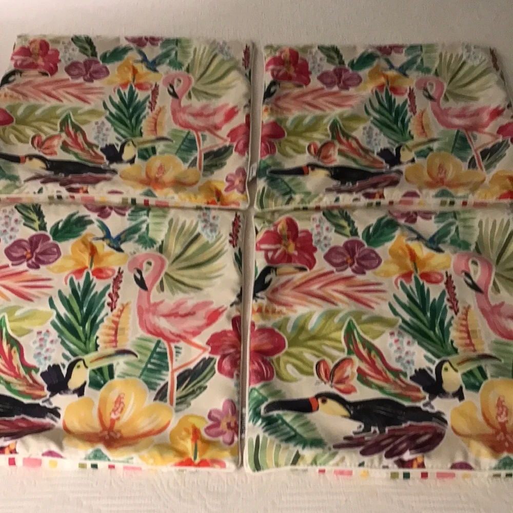 Set of 4 Outdoor Throw Pillow Covers Toucan Flamingo Tropical Flowers Vibrant